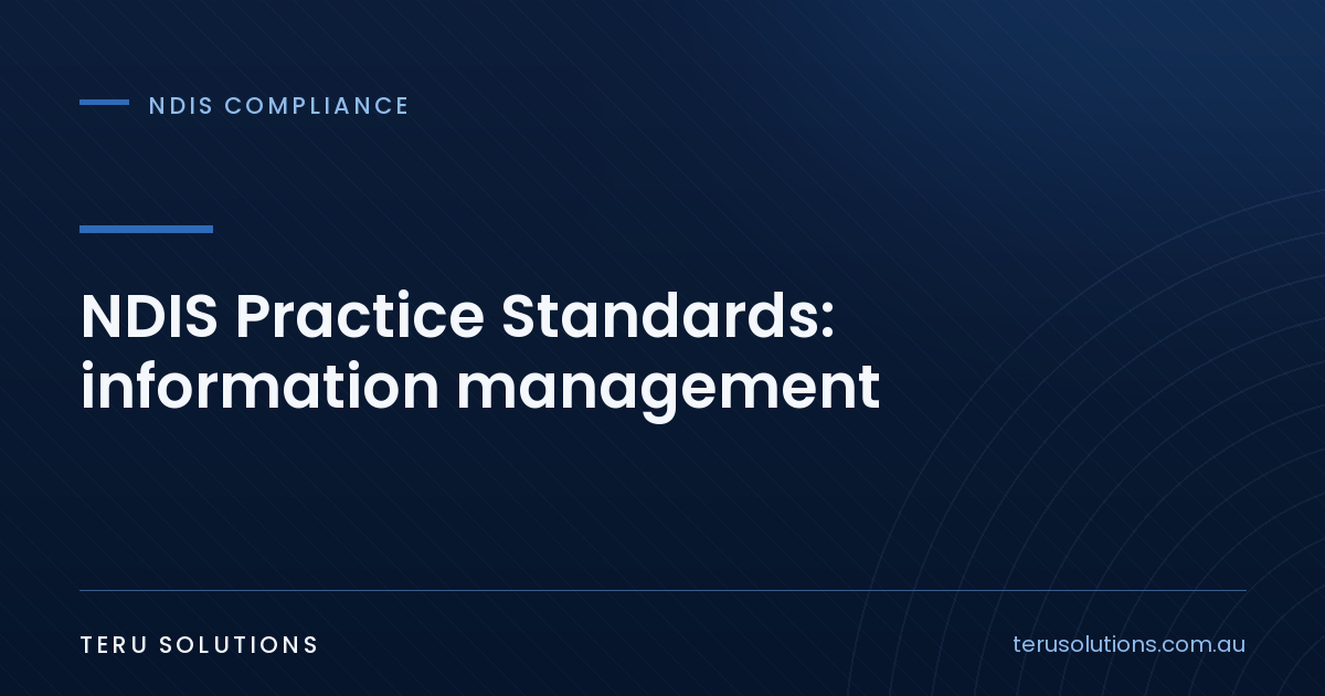 Navy TERU Solutions cover graphic titled NDIS Practice Standards information management