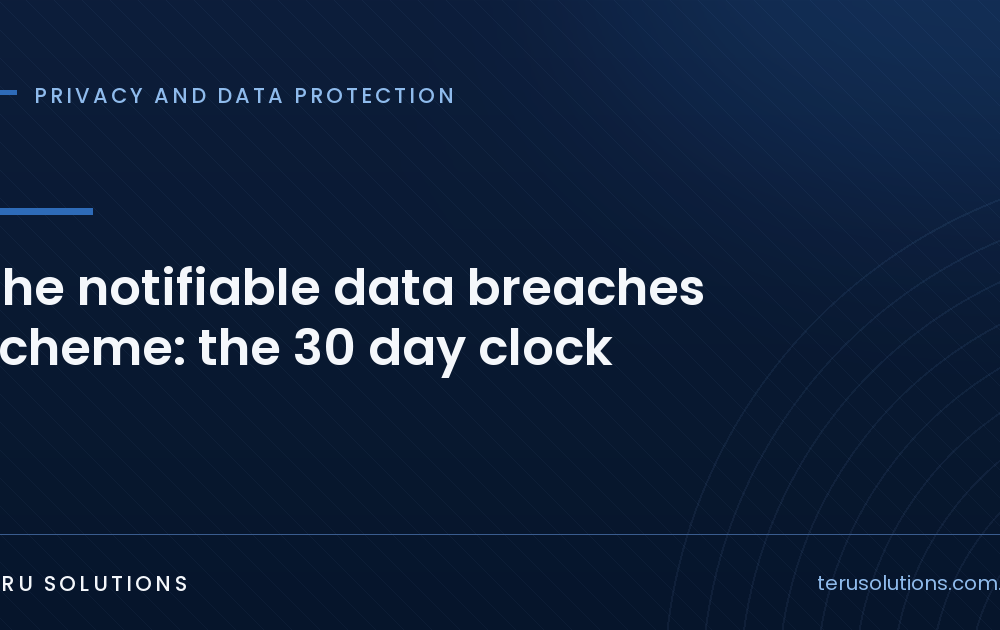Navy TERU Solutions cover graphic titled the notifiable data breaches scheme and the 30 day clock